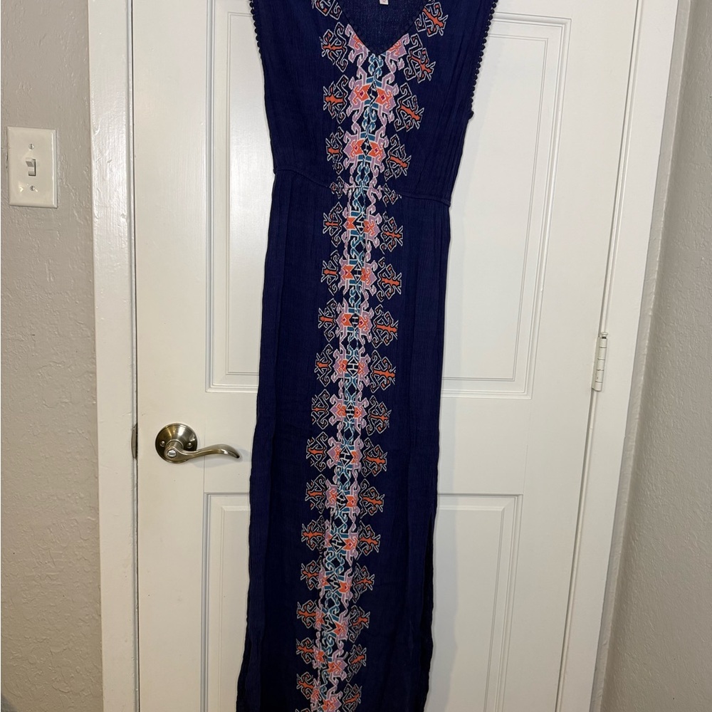 Xhilaration Dark Blue Maxi Dress with Colorful Embroidery